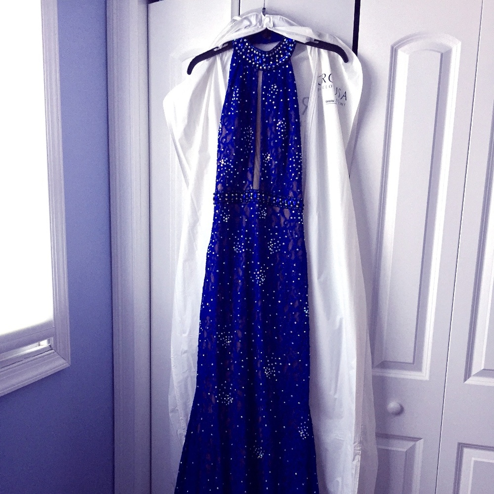 JOVANI elegant royal blue lace halter dress.